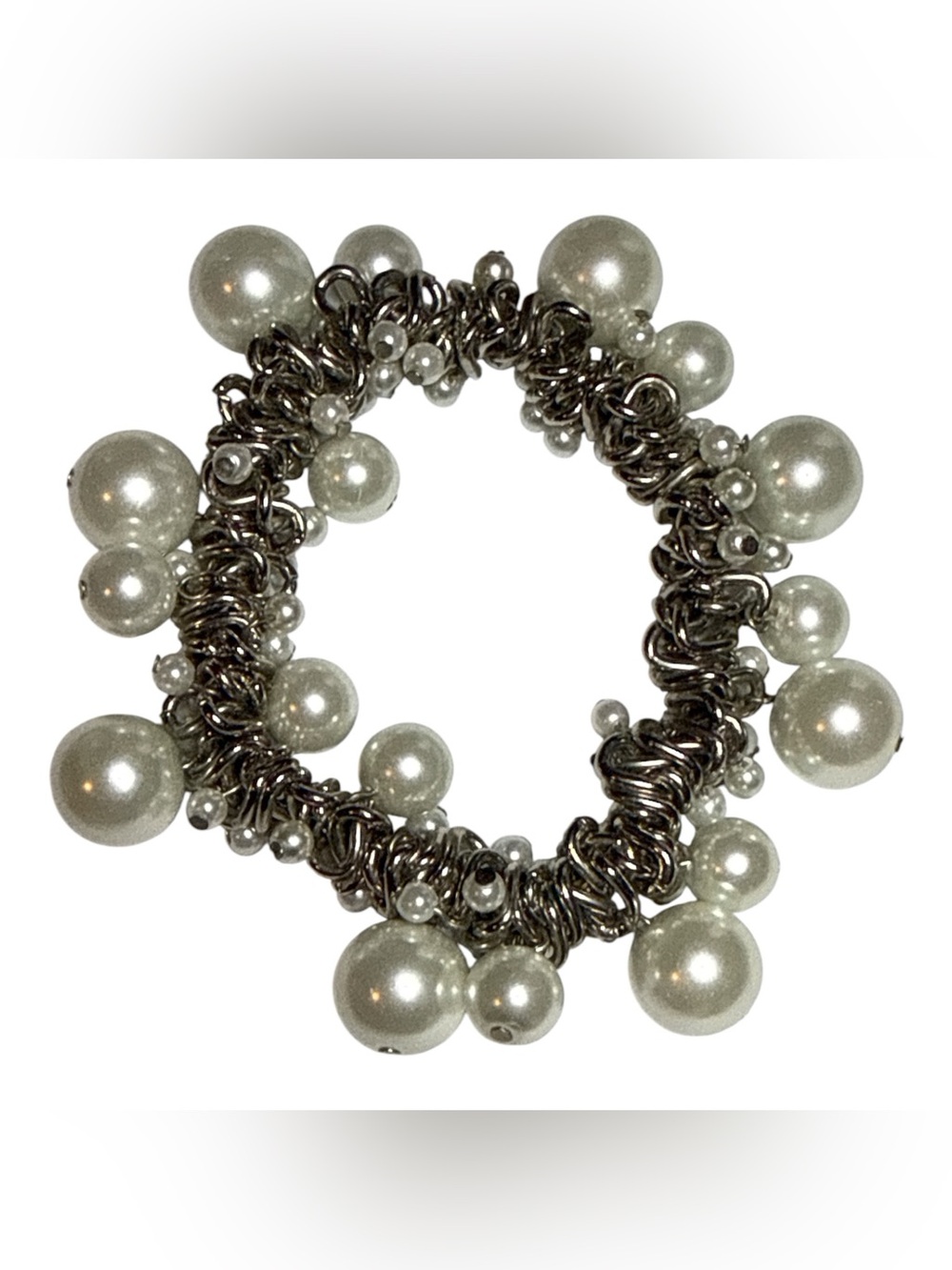 Silver Tone Faux Pearl Cluster Statement Stretch Bracelet EUC